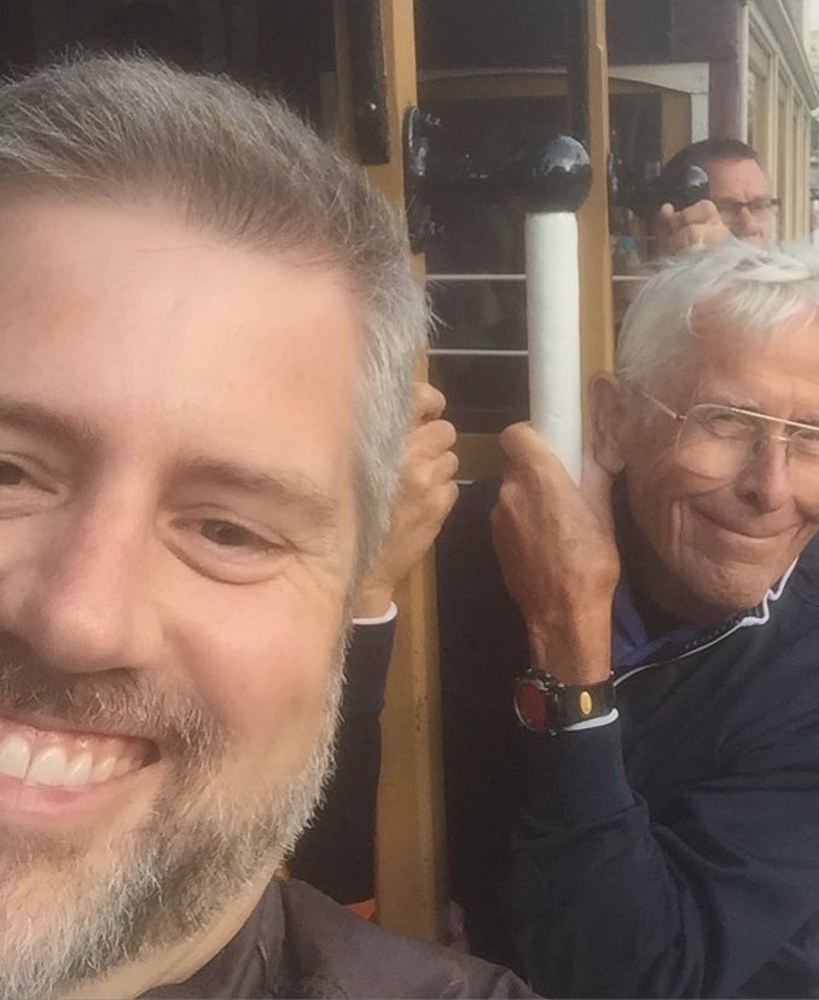 Jason Knapp with Imagineer Bob Gurr on a San Francisco cable car